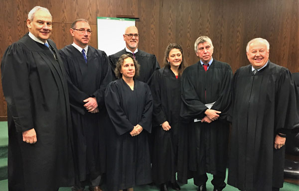Lycoming County Court of Common Pleas, 2018" title="Lycoming County Court of Common Pleas, 2018. From Left, Senior Judge Dudley Anderson, Judge Marc Lovecchio, President Judge Nancy Butts, Judge Eric Linhardt, Judge Joy Reynolds McCoy, Senior Judge Kenneth Brown and Judge Richard Gray" height="384" src="images/lycccp2018.jpg" width="600">